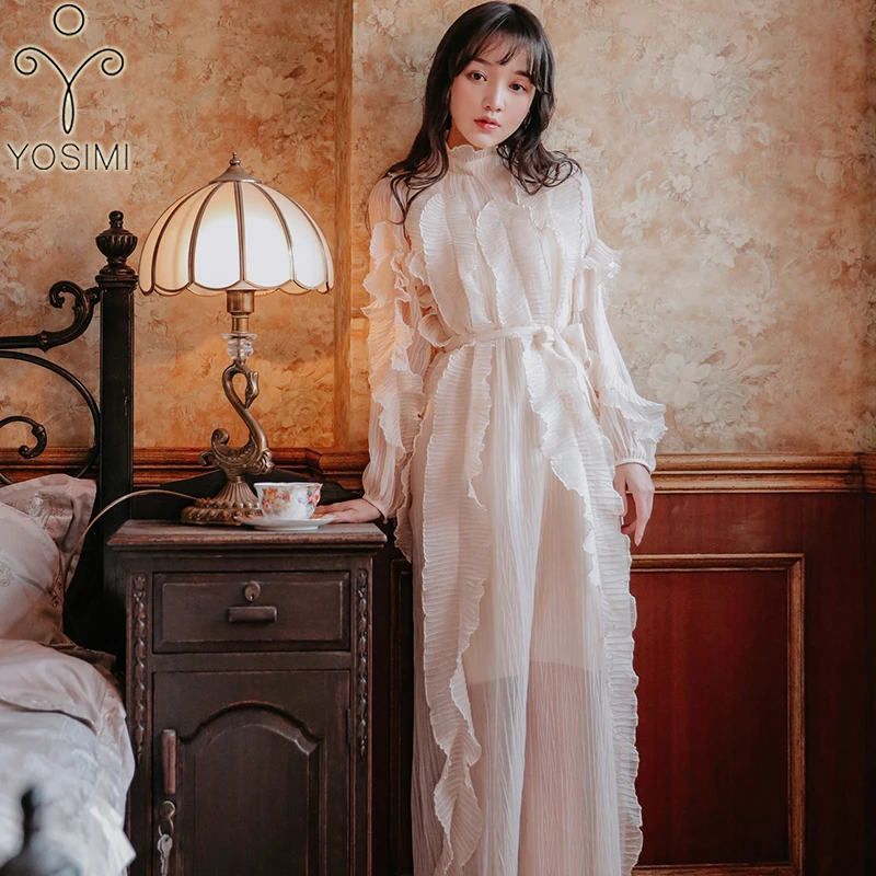 YOSIMI 2019 Summer Evening Party Dress Maxi Voile Long Dress for Women Full Sleeve Ankle-length Beige  Dresses Woman Party Night