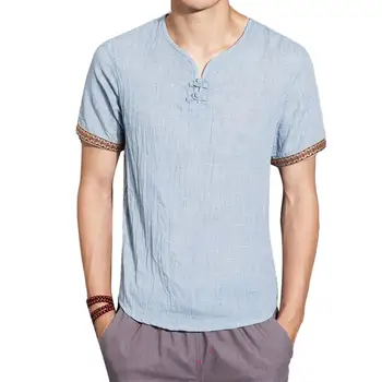 

2019 Fashion Men Summer Solid Color Chinese Style Cotton Linen Short Sleeve Loose T-Shirt Top