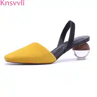 Knsvvli crystal round ball heel women shoes mixed color square toe concise ladies sandals strange style back strap women pumps