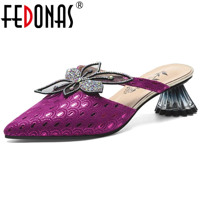

FEDONAS Women Pumps Genuine Leather Rhinestone Butterfly Knot Style Strang High Heels Elegant Summer Sandals Fashion Shoes Woman