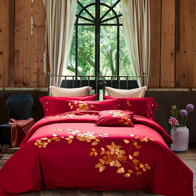 60S 100 Cotton 4pcs Delicate Golden Flower Embroidered bedding set