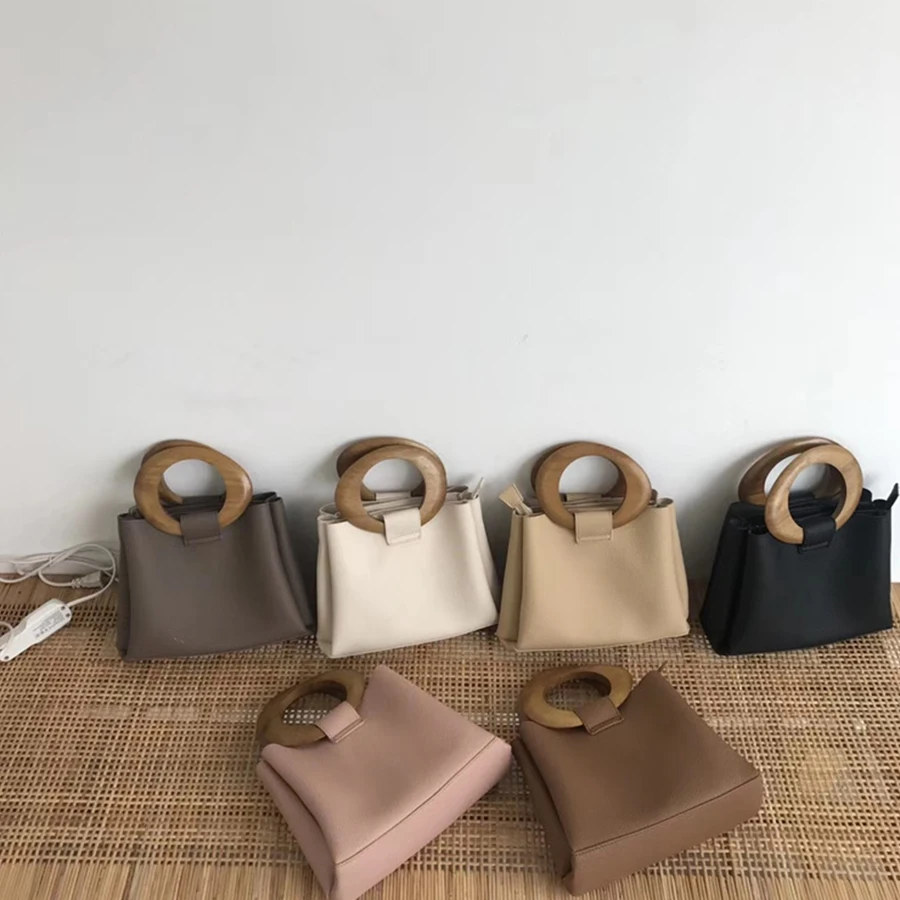 

Brand Wooden Ring Totes Bags for Women Shoulder Bag Casual Messenger Crossbody Bags PU Leather Handbags Women Designer Purses