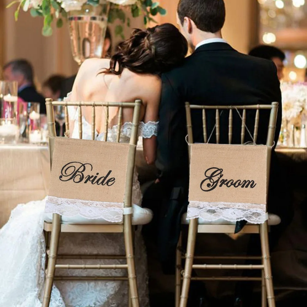 

OurWarm Rustic Wedding Chair Signs 1 Pair Groom Bride Burlap Lace Banner Set Garland Photography Props Wedding Party Decoration