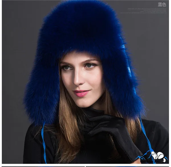 Россия,, модная зимняя шапка-бомбер из меха енота и лисы с ушками для женщин, толстая и теплая Зимняя кепка - Цвет: B
