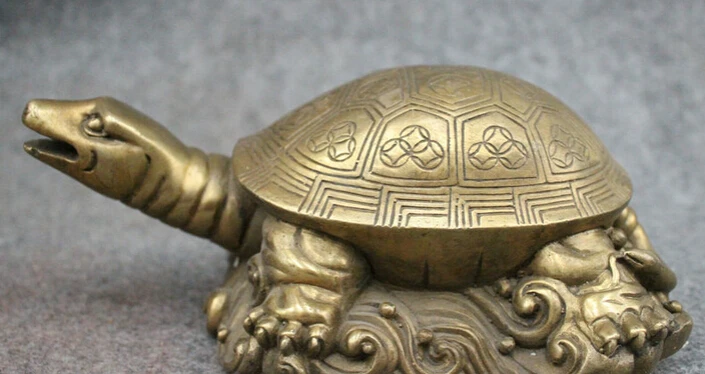 

S3246 8" Folk Chinese Pure Brass FengShui Wealth Longevity Shou Sea Turtle Statue D0317