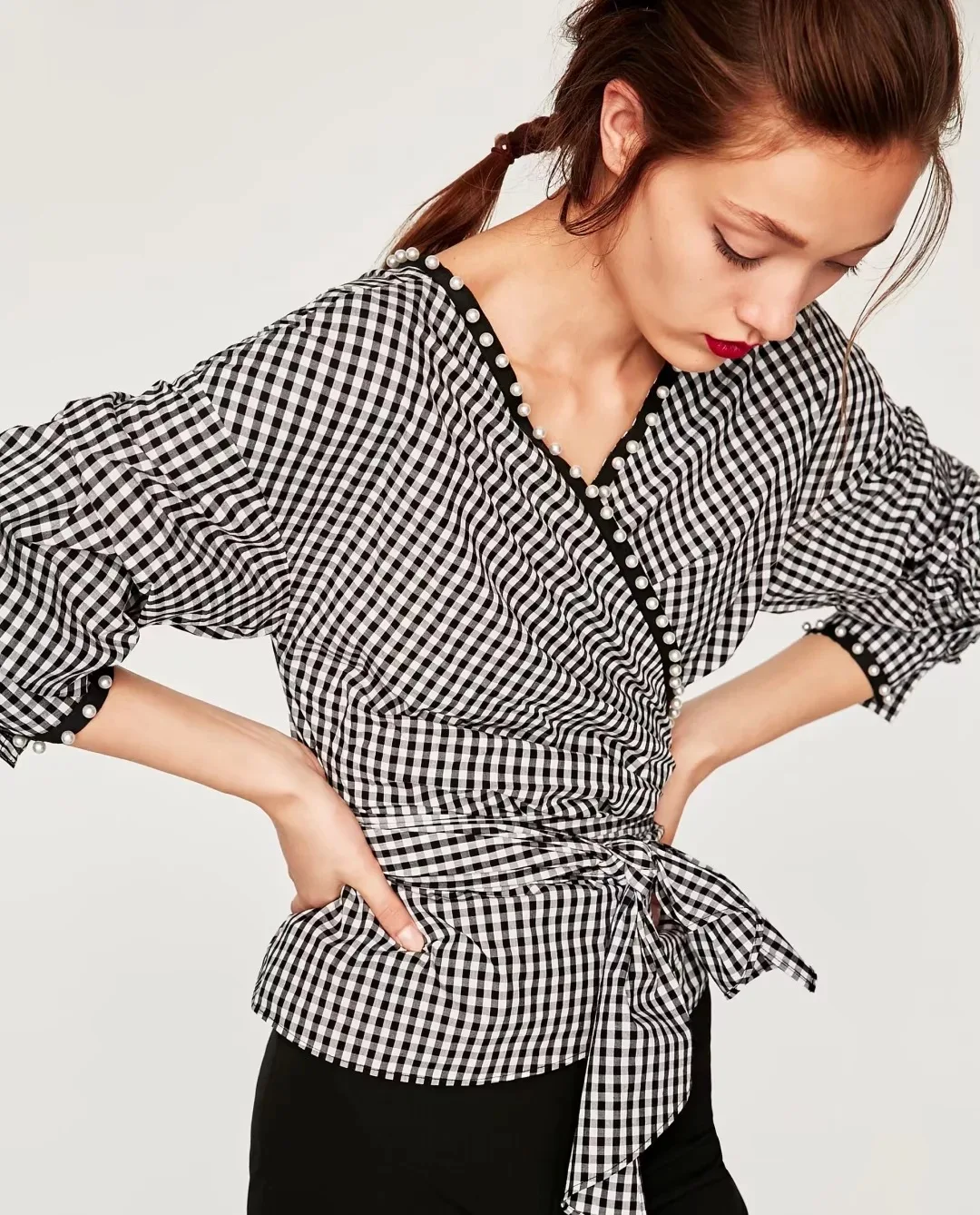 Purebliss 2017 pearl gingham puff ruffle sleeve blouse