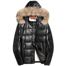 Мужское пуховое пальто из натуральной овечьей кожи, Мужское пальто и куртка с капюшоном, мужское пуховое кожаное пальто с воротником из меха енота, теплое пальто, Новинка