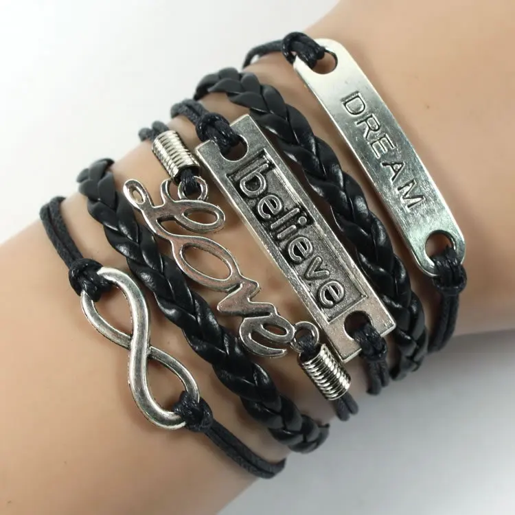 

Handmade Leather Bracelet Combined With Dream Love Believe Infinity Charm Bracelet Friendship Antique Bronze