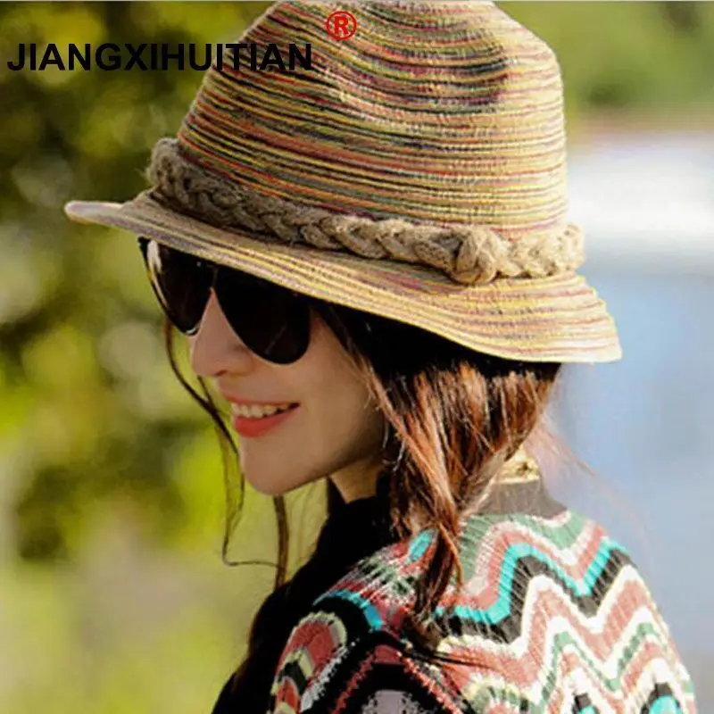 Новые летние женские разноцветные соломенные солнечные шляпы в стиле джаз, пляжные шляпы для женщин, женские шляпы