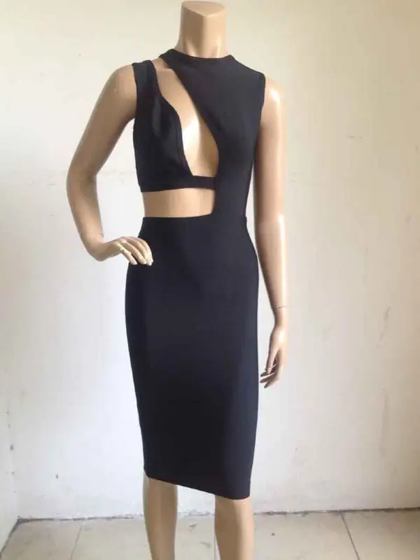 High quality new arrival zipper bandage dress black halter cut out