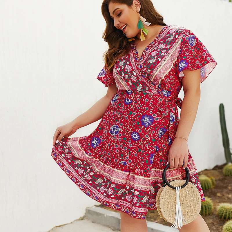 

Summer V Neck Floral Print Dress Bandage Wirh Belt Pleated Dress Vestidos Summer Boho Robe Elegant Party Women's Dress Plus Size