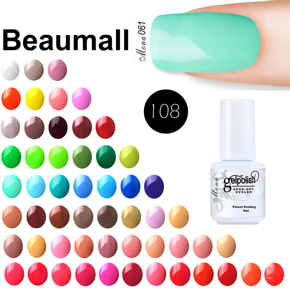 

Beaumall Nail Art Gel Mona Series 108 Just Colors ,Col#001~108, 5ml Volume Soak Off UV&LED Gel Lacquers Nail Polishes