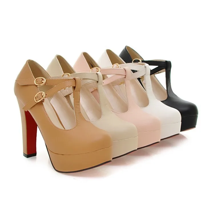 Women Platform Pumps Super High Heels Shoes Woman Leather Red Bottom Shoes Round Toed T-belt Big Size 42 43 Women Wedding Shoes