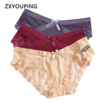 

3Pcs Bow Sexy Lace Briefs Panties Woman Underwear Low-Rise Breathable Seamless Panties Ladies Lingerie Transparent Briefs New