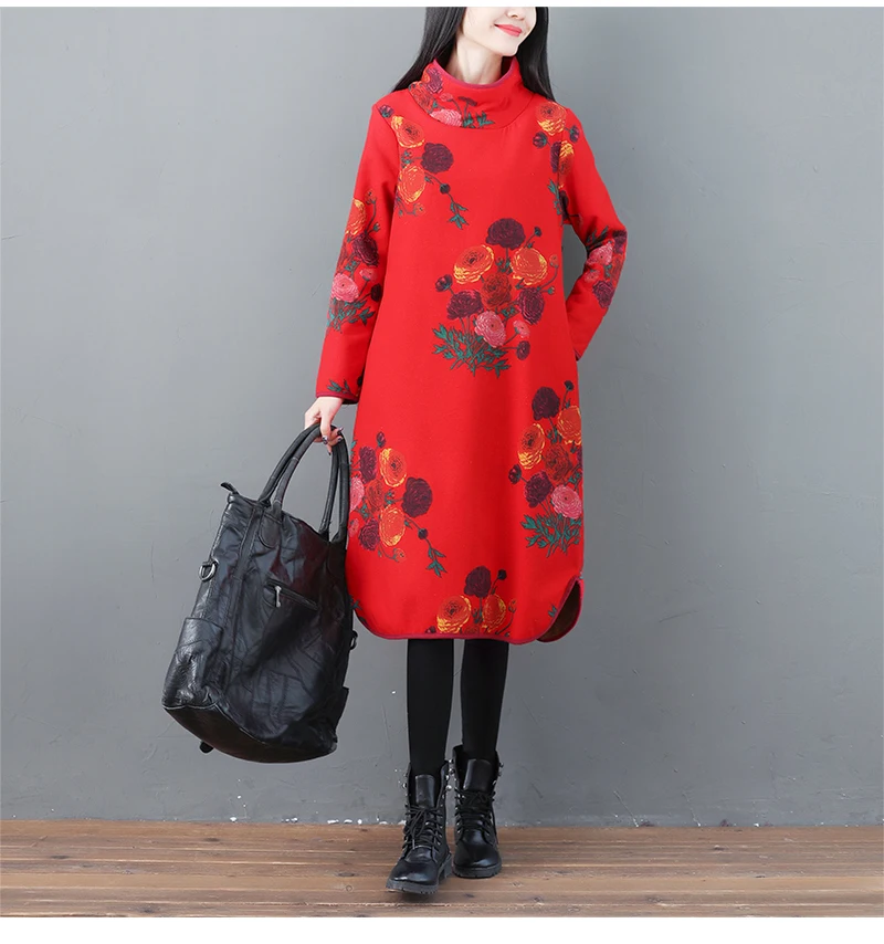 Зимнее платье с флисовой подкладкой, плотное теплое платье трапециевидной формы с цветочным рисунком, Женская свободная туника с длинным рукавом, пуловер длиной до колена с высоким воротом - Цвет: Красный
