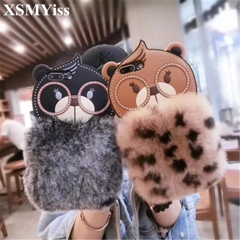 Luxury Fashion DIY Rabbit Fur Case For iPhone 6 6S 7 8 Plus X XS XR MAX Cute Big Eyes Bear Cartoon Warm Fluffy Hair Plush |