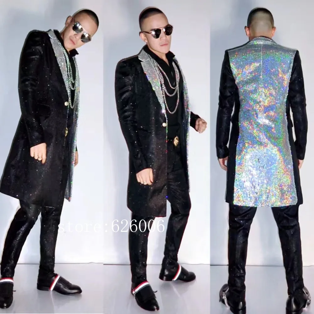 

Men's New Silver Glitter Middle long Jackets Banquet Party Show Stage Dress Nightclub DJ Male Singer Ds Performance Costumes