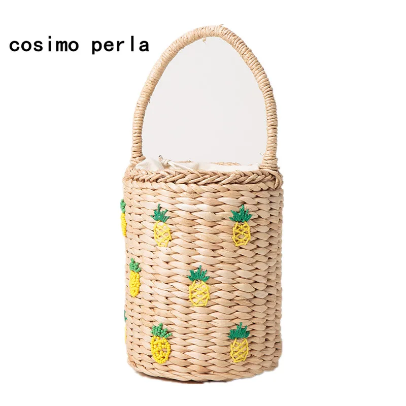 

Handmade Beaded Pineapple Straw Beach Bags for Women 2019 Drawstring Corn Peel Cylinder Summer Travel Boho Tote Bucket Handbags