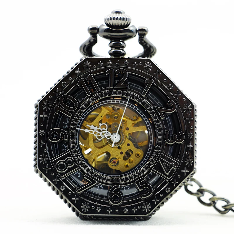 

New Antique Necklace Hand-Winding Skeleton Mechanical Pocket Watch Roman Numbers Black Dial for Men Women PJX1143