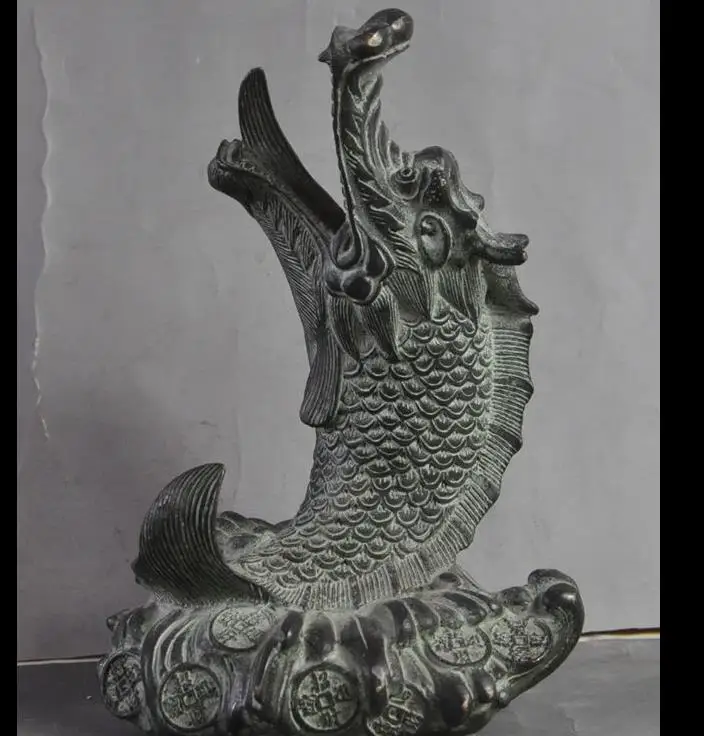 

671115520++++Old China Fengshui Bronze Decoration Wealth Money Coin Dragon Fish Lucky Statue