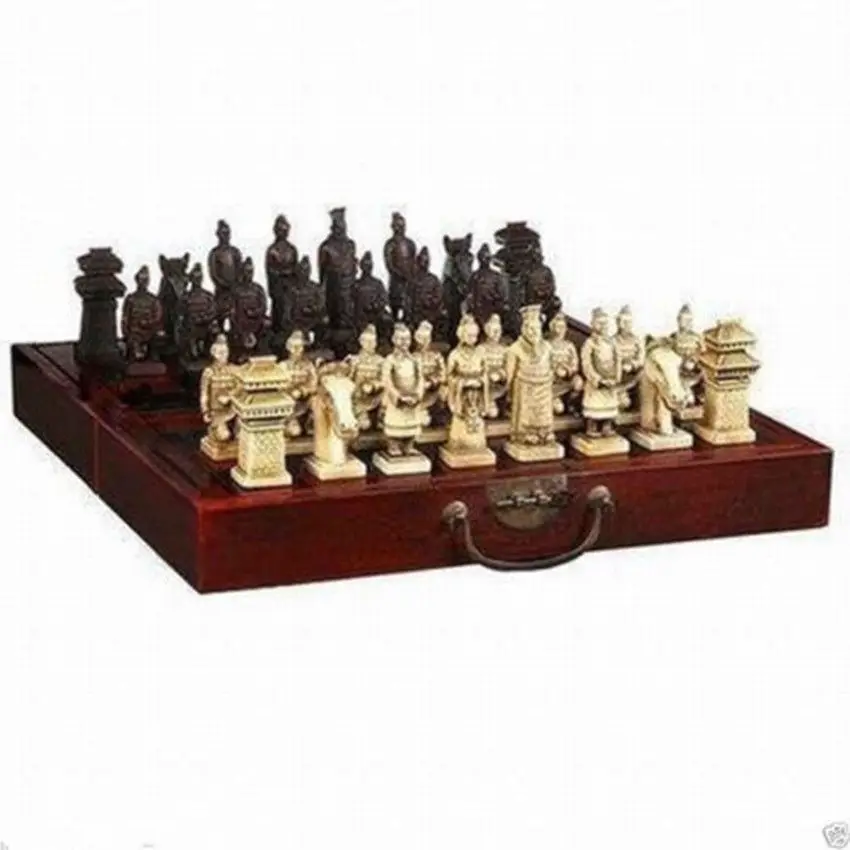 

Chinese Dragon wood Leather box with 32 Chess Set