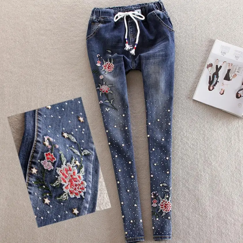 Женские джинсы с вышивкой и эластичной резинкой на талии, новинка, джинсы-карандаш со стразами и бусинами