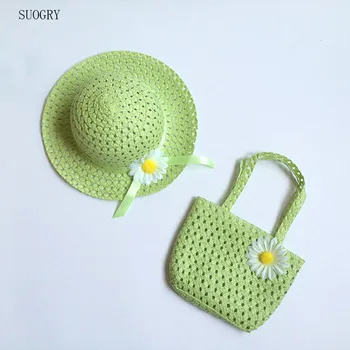 2017 Girls Beach Hats Bags Flower Straw Hat Cap Tote Handbag Bag Suit Children Summer Sun Hat 52 CM For 3-7 Years 9 Colors girls flower decorated straw hat