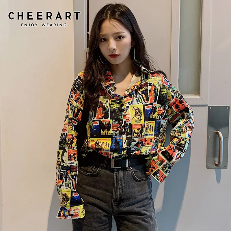 

Cheerart Fashion Woman Blouses 2019 Long Sleeve Print Shirt Loose Vintage Top Spring Newspaper Shirt Clothing