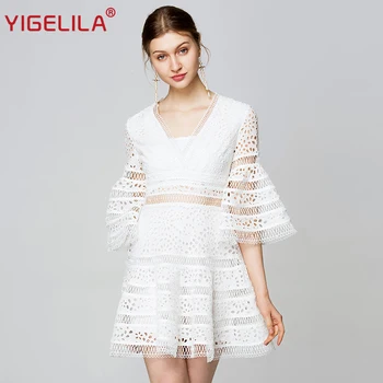 

YIGELILA Summer Women White Hollow Out Dress Fashion Solid V-neck Flare Sleeve Empire Slim Knee Length Lace Party Dress 63741
