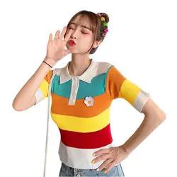 2019 футболка Женская свежий стиль отложной воротник полоски контрастного цвета с короткими рукавами, вязаные женские футболки