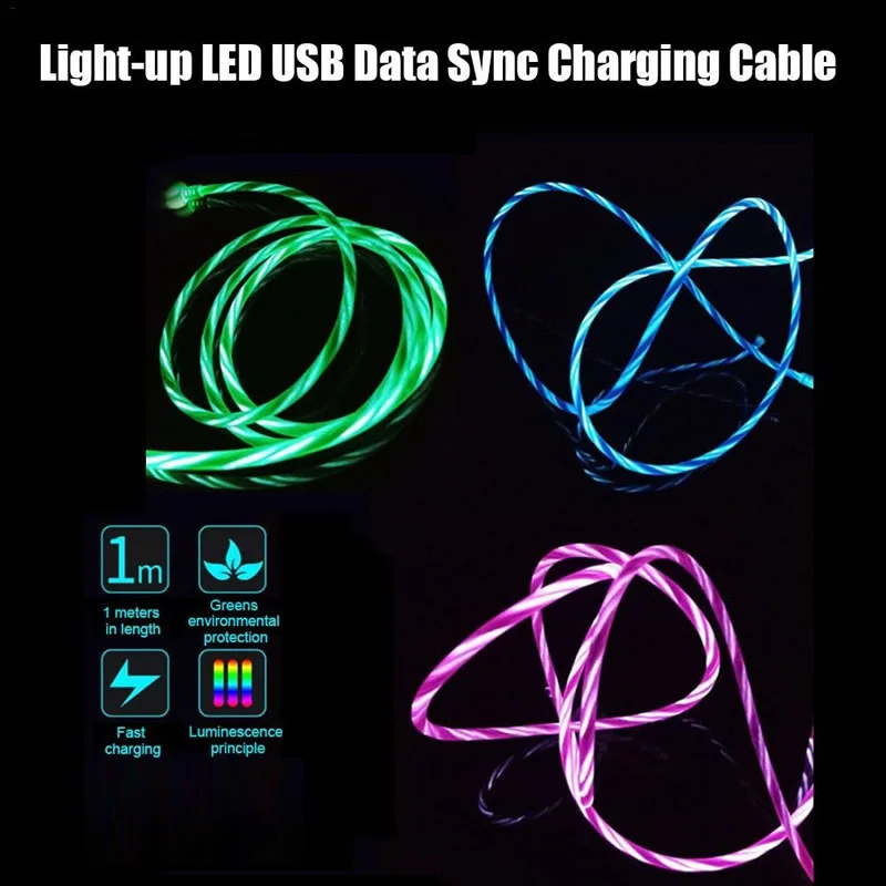 

LED Glow Flowing Data USB Charger Charge Cable for iPhone Xiaomi Huawei Samsung Phone origin long wire Cord
