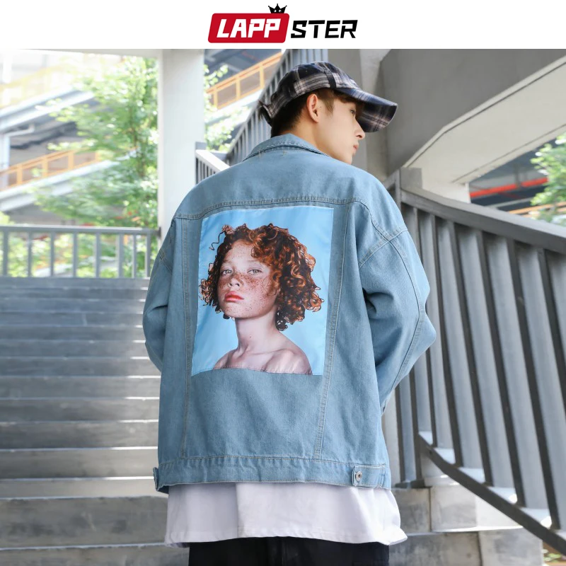

LAPPSTER Men Japanese Streetwear Funny Girl Print Denim Jacket 2019 Graphic Korean Style Black Jeans Jacket Vintage Windbreaker