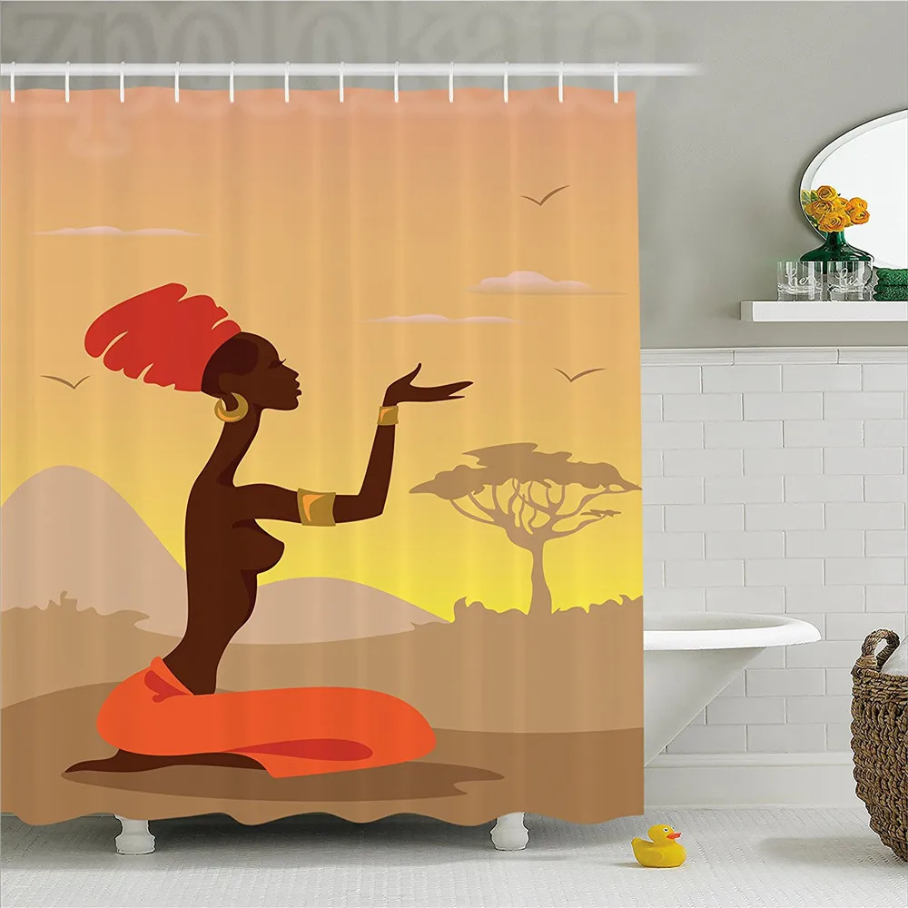 Afro Decor Shower Curtain Spiritual Safari Lady Praying on Desert with