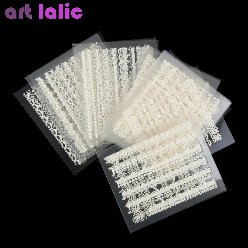 

30 Sheet/lot White Lace Nail Stickers,3D Mix Design Transfer Nail Sticker, Random Nail Art Decals DIY Decoration
