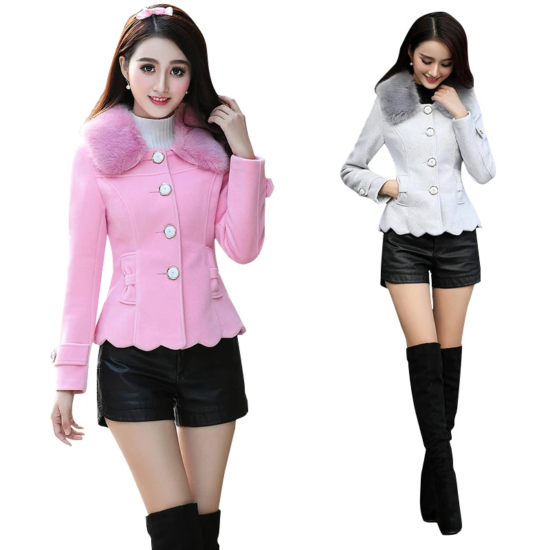 

Winter Coat Women Pink Wool Coat Good Quality Fur Collar Bow Slim Short Coat Outwear Long Sleeve chaqueta mujer C91391