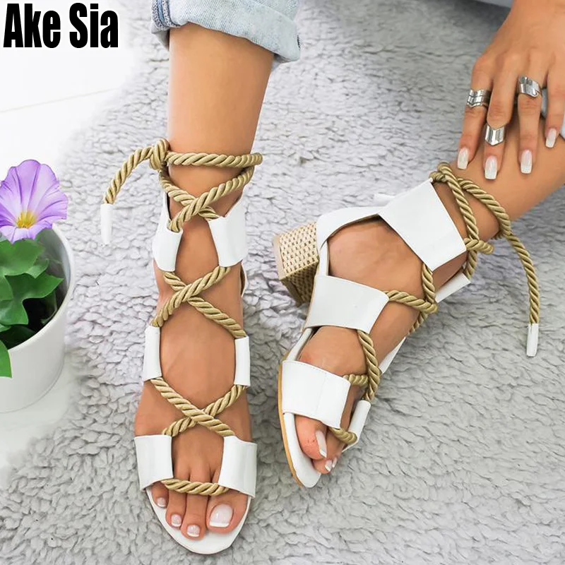 

Fashion Espadrilles Women Girl Med Chunky Heel Peep Toe Hemp Manila Rope Shoelace Lace Up Platform Hollow Out Sandals Shoes A890