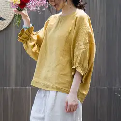 Mferlier Для женщин хлопок рами Вышивка Блузка с круглым вырезом Flare рукавом Свободные Smart Повседневная Женская обувь одноцветное Летняя блузка