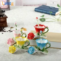 Творческий розы Кофе чашки Китайский Керамика Чай и Кофе Чашки кружка с 1 шт. блюдце и 1 шт. ложка брак подарок