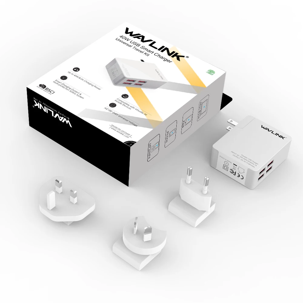 Универсальное USB зарядное устройство Wavlink 2/4 40 Вт 5 В 8 А со сменной вилкой