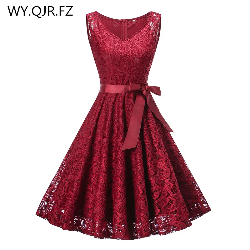 

OML510#V-neck Wine red Bow Short Bridesmaid Dresses wedding party dress 2019 prom gown ladies women's fashion wholesale clothing
