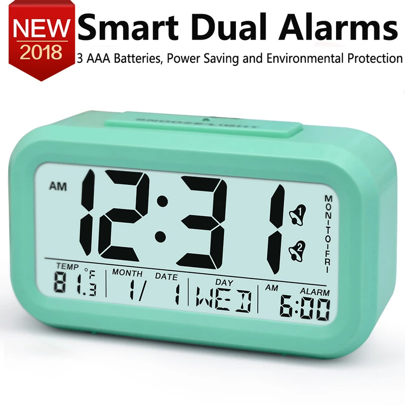 TXL smart Alarm Clock for student, Month Date Day display, LCD light sensor, snooze desktop clock, Kids Table Clock, mint 4color