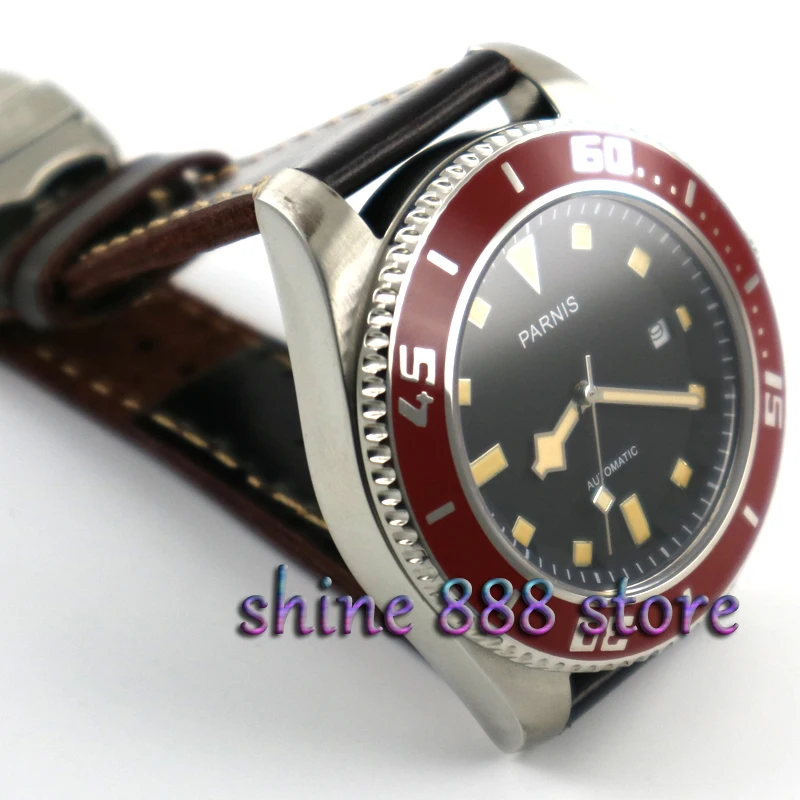 Parnis черный циферблат корпус из нержавеющей стали сапфировое стекло красный