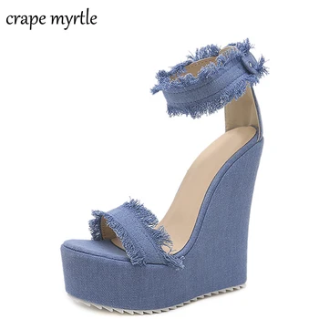 

Wedges sandals for women High Heels sandals Platform shoes open toe sandals high heels Wedges shoes denim blue sandals YMA235