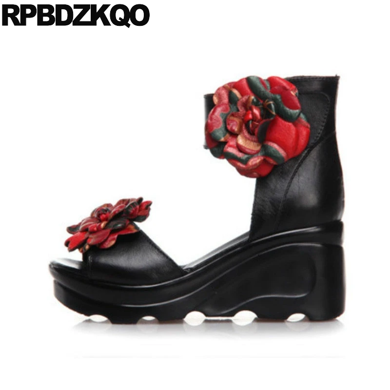 

Shoes Designer Sandals Women Luxury 2017 Platform Ankle Strap Female Wedge Summer Black Pumps Open Toe High Heels Peep Flower