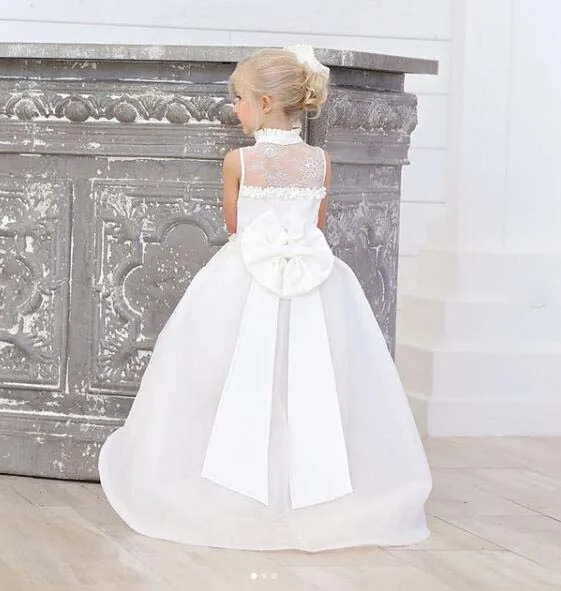 White Ivory Lace High Low V Neck Flower Girl Dress Toddler Kids