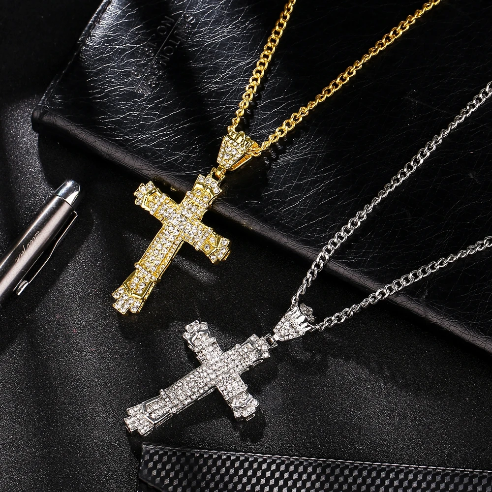 Iced Out Rhinestone Cross Pendant Necklace Gold Silver Alloy Crystal Crucifix Necklace Men Women Hip Hop Jewelry