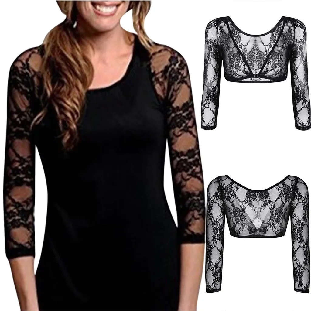 

2019 Plus Size Women's Seamless Arm Shaper Lace print Sleevey Wonders V-neck Long Sleeve Bottoming Top Perspective Cardigan tops