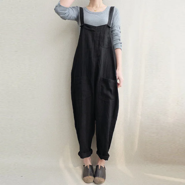 Plus Size ZANZEA 2018 Summer Women Loose Casual Bib Overalls Cotton Linen Rompers Long Jumpsuits Solid Strappy Pockets Dungarees 1