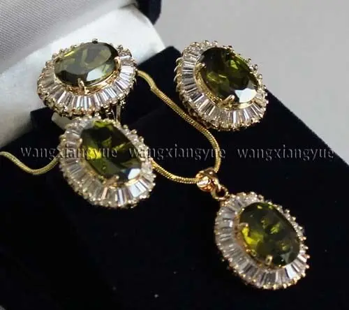 

shipping 14KGP GP Inlay Peridot Earrings/Ring/ Necklace Pendant Set AAA