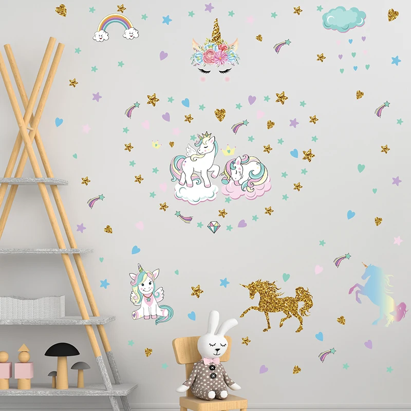 

2pcs/lot Cartoon Rainbow Unicorn Wall Stickers PVC Star Cloud Flower Wall Decals For Kids Room Children DIY Wallpaper Home Decor